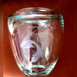 KOSTA BODA Vase Weighty Scandanavian Glass Vase w/ Etched Koi Fish Design 7.5"H